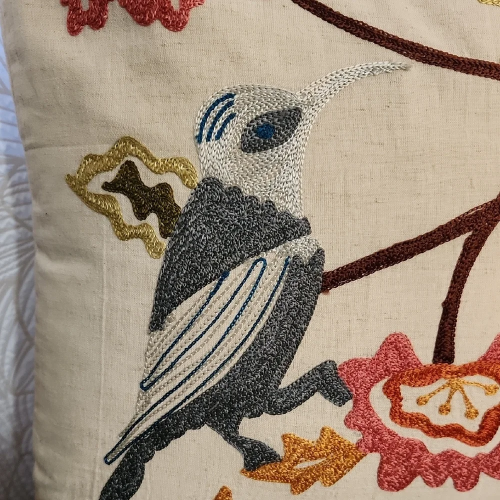 Cost Plus World Market Bird Floral Linen Cotton Pillow